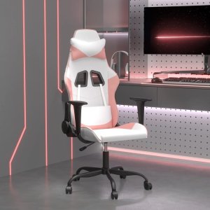 Fotel vidaXL Masujący fotel gamingowy, biało-różowy, sztuczna skóra Lumarko! 1