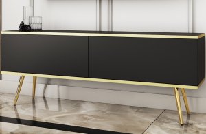 Meble Lindner Komoda RTV Szafka RTV Glamour Stolik Telewizyjny Czarny Mat Nogi złote 135 cm 1