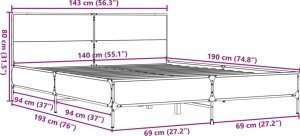 vidaXL vidaXL Rama łóżka, dąb sonoma, 140x190 cm, materiał drewnopochodny 9