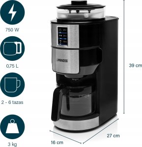 Ekspres przelewowy Princess Princess 249408 Grind and Brew Compact Deluxe, Drip coffee maker, 0.75 L, Coffee beans, Built-in grinder, 750 W, Stainless steel 17