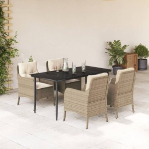 vidaXL VidaXL 5 Piece Patio Dining Set with Cushions Beige Poly Rattan 1