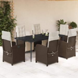 vidaXL VidaXL 7 Piece Patio Dining Set with Cushions Brown Poly Rattan 1