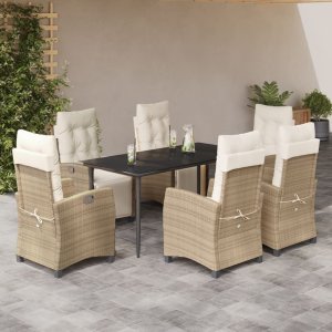 vidaXL VidaXL 7 Piece Patio Dining Set with Cushions Beige Poly Rattan 1