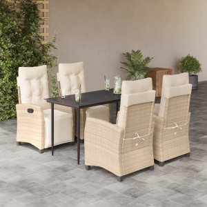 vidaXL VidaXL 5 Piece Patio Dining Set with Cushions Beige Poly Rattan 1