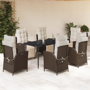 vidaXL VidaXL 7 Piece Patio Dining Set with Cushions Brown Poly Rattan 1