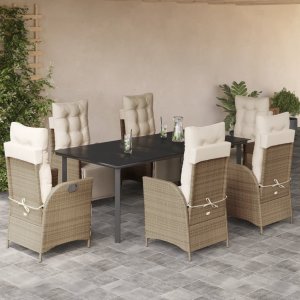 vidaXL VidaXL 7 Piece Patio Dining Set with Cushions Beige Poly Rattan 1