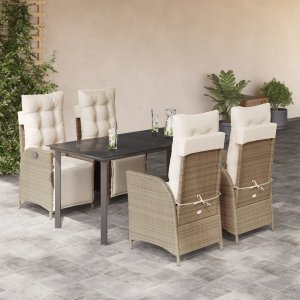 vidaXL VidaXL 5 Piece Patio Dining Set with Cushions Beige Poly Rattan 1