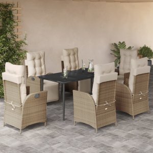 vidaXL VidaXL 7 Piece Patio Dining Set with Cushions Beige Poly Rattan 1