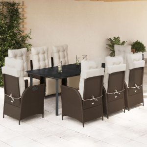 vidaXL VidaXL 9 Piece Patio Dining Set with Cushions Brown Poly Rattan 1