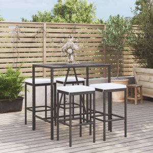 vidaXL VidaXL 5 Piece Patio Bar Set with Cushions Black Poly Rattan 1