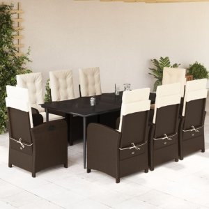 vidaXL VidaXL 9 Piece Patio Dining Set with Cushions Brown Poly Rattan 1