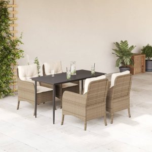 vidaXL VidaXL 5 Piece Patio Dining Set with Cushions Beige Poly Rattan 1