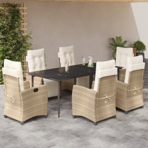 vidaXL VidaXL 7 Piece Patio Dining Set with Cushions Beige Poly Rattan 1