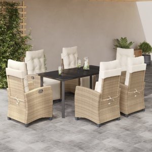 vidaXL VidaXL 7 Piece Patio Dining Set with Cushions Beige Poly Rattan 1