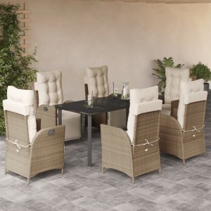 vidaXL VidaXL 7 Piece Patio Dining Set with Cushions Beige Poly Rattan 1