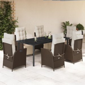 vidaXL VidaXL 7 Piece Patio Dining Set with Cushions Brown Poly Rattan 1