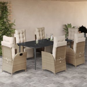 vidaXL VidaXL 7 Piece Patio Dining Set with Cushions Beige Poly Rattan 1