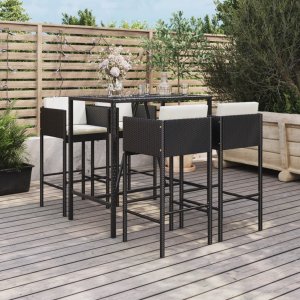 vidaXL VidaXL 5 Piece Patio Bar Set with Cushions Black Poly Rattan 1