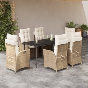 vidaXL VidaXL 7 Piece Patio Dining Set with Cushions Beige Poly Rattan 1