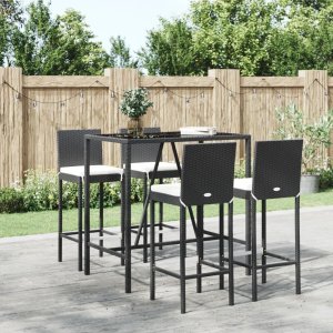 vidaXL VidaXL 5 Piece Patio Bar Set with Cushions Black Poly Rattan 1