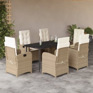 vidaXL VidaXL 7 Piece Patio Dining Set with Cushions Beige Poly Rattan 1