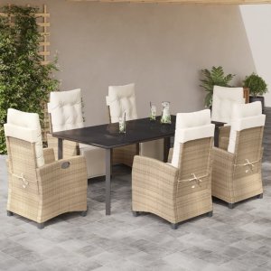 vidaXL VidaXL 7 Piece Patio Dining Set with Cushions Beige Poly Rattan 1