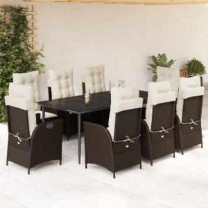 vidaXL VidaXL 9 Piece Patio Dining Set with Cushions Brown Poly Rattan 1