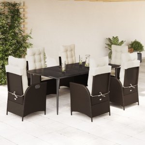 vidaXL VidaXL 7 Piece Patio Dining Set with Cushions Brown Poly Rattan 1