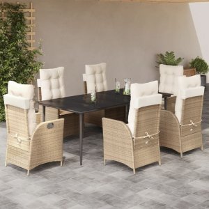 vidaXL VidaXL 7 Piece Patio Dining Set with Cushions Beige Poly Rattan 1