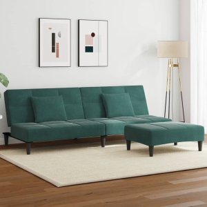 vidaXL VidaXL 2-Seater Sofa Bed with Footstool Dark Green Velvet 1