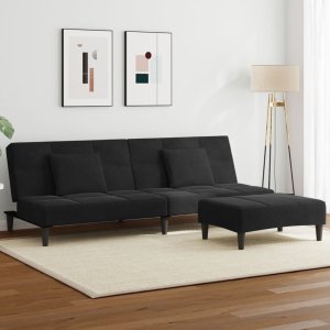 vidaXL VidaXL 2-Seater Sofa Bed with Footstool Black Velvet 1