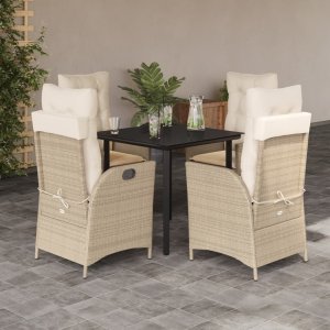 vidaXL VidaXL 5 Piece Patio Dining Set with Cushions Beige Poly Rattan 1