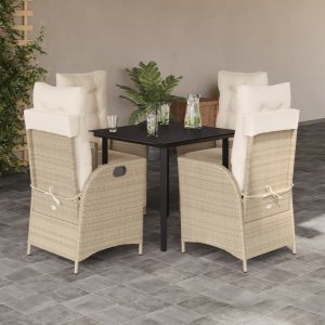 vidaXL VidaXL 5 Piece Patio Dining Set with Cushions Beige Poly Rattan 1