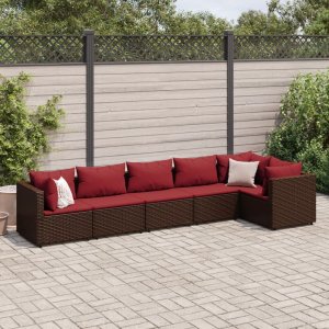 vidaXL VidaXL 6 Piece Patio Lounge Set with Cushions Brown Poly Rattan 1