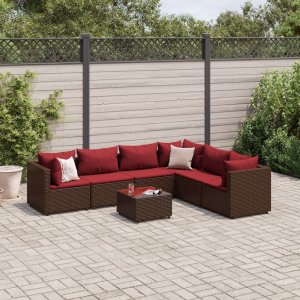 vidaXL VidaXL 7 Piece Patio Lounge Set with Cushions Brown Poly Rattan 1