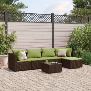 vidaXL VidaXL 6 Piece Patio Lounge Set with Cushions Brown Poly Rattan 1