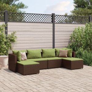 vidaXL VidaXL 6 Piece Patio Lounge Set with Cushions Brown Poly Rattan 1