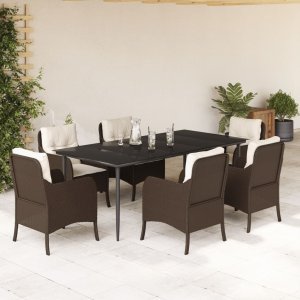 vidaXL VidaXL 7 Piece Patio Dining Set with Cushions Brown Poly Rattan 1