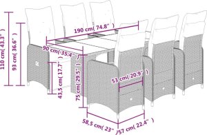 vidaXL 7-cz. zestaw mebli bistro z poduszkami, szary, polirattan 7