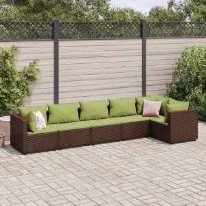 vidaXL VidaXL 6 Piece Patio Lounge Set with Cushions Brown Poly Rattan 1