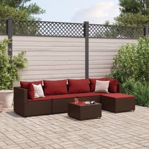 vidaXL VidaXL 6 Piece Patio Lounge Set with Cushions Brown Poly Rattan 1