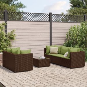 vidaXL VidaXL 6 Piece Patio Lounge Set with Cushions Brown Poly Rattan 1