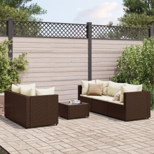 vidaXL VidaXL 6 Piece Patio Lounge Set with Cushions Brown Poly Rattan 1