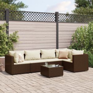 vidaXL VidaXL 6 Piece Patio Lounge Set with Cushions Brown Poly Rattan 1