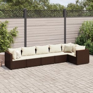 vidaXL VidaXL 6 Piece Patio Lounge Set with Cushions Brown Poly Rattan 1