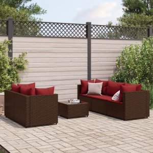 vidaXL VidaXL 6 Piece Patio Lounge Set with Cushions Brown Poly Rattan 1