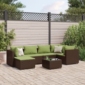 vidaXL VidaXL 7 Piece Patio Lounge Set with Cushions Brown Poly Rattan 1