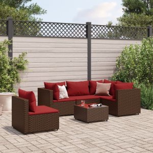 vidaXL VidaXL 6 Piece Patio Lounge Set with Cushions Brown Poly Rattan 1