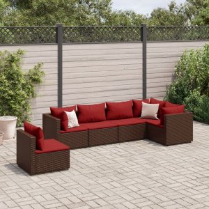 vidaXL VidaXL 6 Piece Patio Lounge Set with Cushions Brown Poly Rattan 1