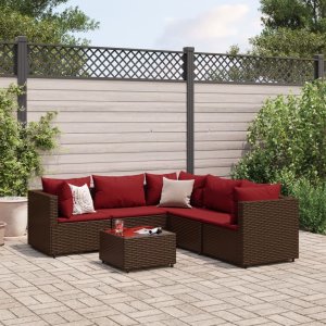 vidaXL VidaXL 6 Piece Patio Lounge Set with Cushions Brown Poly Rattan 1